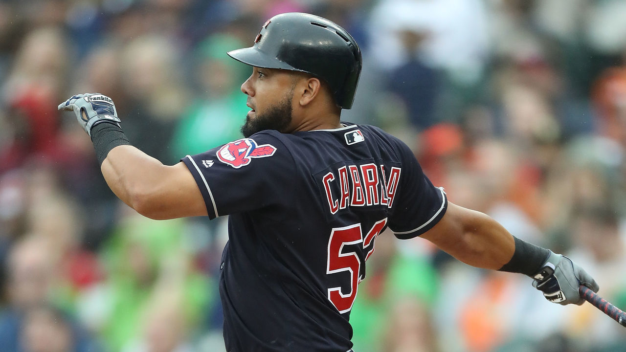 DETROIT, MI - JUNE 10: Melky Cabrera #53 of the Cleveland Indians hits a sacrifice fly to center field scoring Yonder Alonso (not in photo) during the second inning of the game against the Detroit Tigers at Comerica Park on June 10, 2018 in Detroit, Michigan.