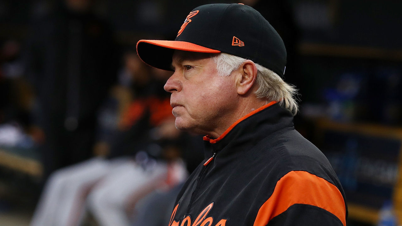 DETROIT, MI - APRIL 17: Manager Buck Showalter of the Baltimore Orioles looks on while playing the Detroit Tigers at Comerica Park on April 17, 2018 in Detroit, Michigan.