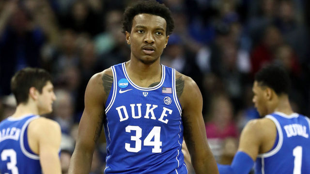 OMAHA, NE - MARCH 25: Wendell Carter Jr #34 of the Duke Blue Devils reacts against the Kansas Jayhawks during the second half in the 2018 NCAA Men's Basketball Tournament Midwest Regional at CenturyLink Center on March 25, 2018 in Omaha, Nebraska.