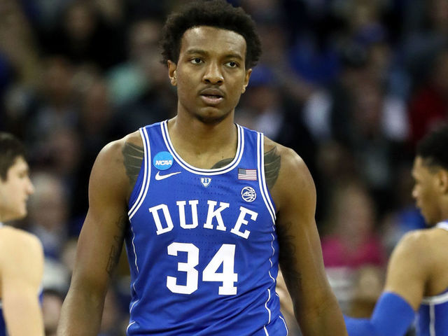 OMAHA, NE - MARCH 25: Wendell Carter Jr #34 of the Duke Blue Devils reacts against the Kansas Jayhawks during the second half in the 2018 NCAA Men's Basketball Tournament Midwest Regional at CenturyLink Center on March 25, 2018 in Omaha, Nebraska.