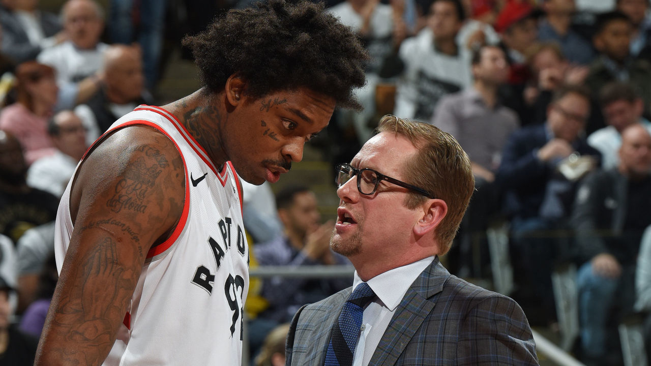 TORONTO, CANADA - APRIL 17: Lucas Nogueira #92 and Assistant Coach Nick Nurse speak during the game against the Washington Wizards in Game Two of Round One of the 2018 NBA Playoffs on April 17, 2018 at the Air Canada Centre in Toronto, Ontario, Canada. Mandatory Copyright Notice: Copyright 2018 NBAE