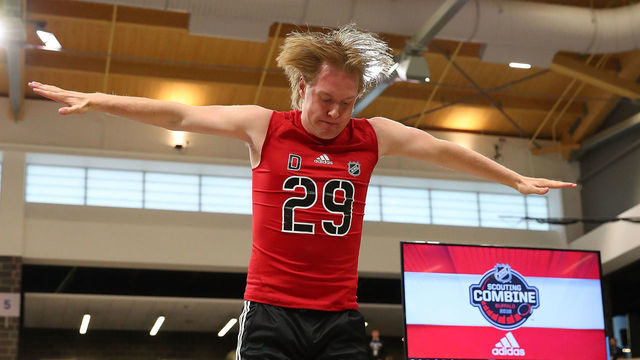 BUFFALO, NY - JUNE 2: Rasmus Sandin performs at the jump station during the NHL Scouting Combine on June 2, 2018 at HarborCenter in Buffalo, New York.
