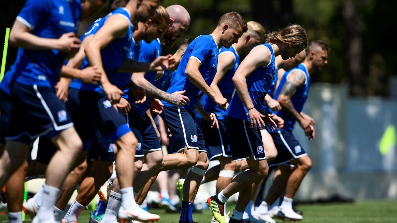 Iceland's players attend a training session at Olimp Stadium in Kabardinka on June 11, 2018, ahead of the Russia 2018 World Cup.