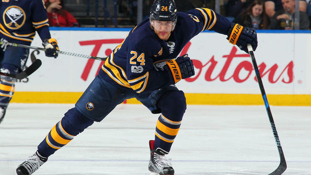 BUFFALO, NY - DECEMBER 15: Hudson Fasching #24 of the Buffalo Sabres skates during an NHL game against the Carolina Hurricanes on December 15, 2017 at KeyBank Center in Buffalo, New York.
