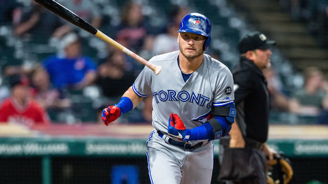 CLEVELAND, OH - MAY 3: Josh Donaldson #20 of the Toronto Blue Jays tosses his bat after hitting a solo home run during the fourth inning against the Cleveland Indians in game two of a doubleheader at Progressive Field on May 3, 2018 in Cleveland, Ohio.