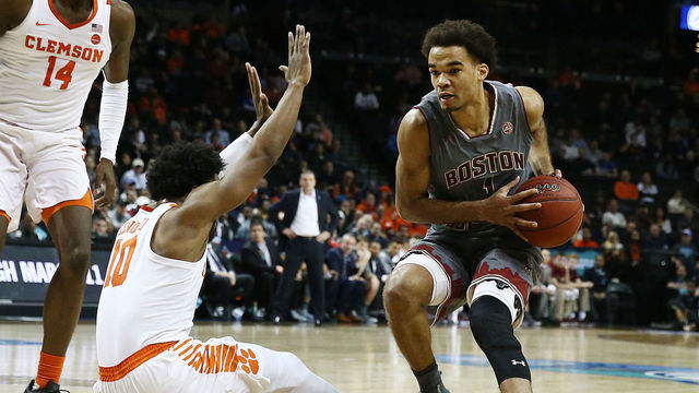 NEW YORK, NY - MARCH 08: Jerome Robinson #1 of the Boston College Eagles dribbles against Gabe DeVoe #10 of the Clemson Tigers during the quarterfinals of the ACC Men's Basketball Tournament at the Barclays Center on March 8, 2018 in New York City.