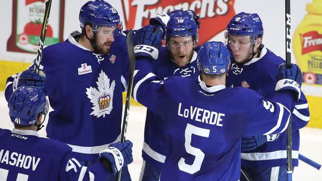 TORONTO, ON- JUNE 3 - Toronto Marlies right wing Ben Smith (18) celebrates his goal as the Toronto Marlies lose 2-1 to the Texas Stars in game two of the AHL Calder Cup Finals at Ricoh Coliseum in Toronto. June 3, 2018. The series is tied at a game a piece. (Steve Russell/Toronto Star via Getty Images)