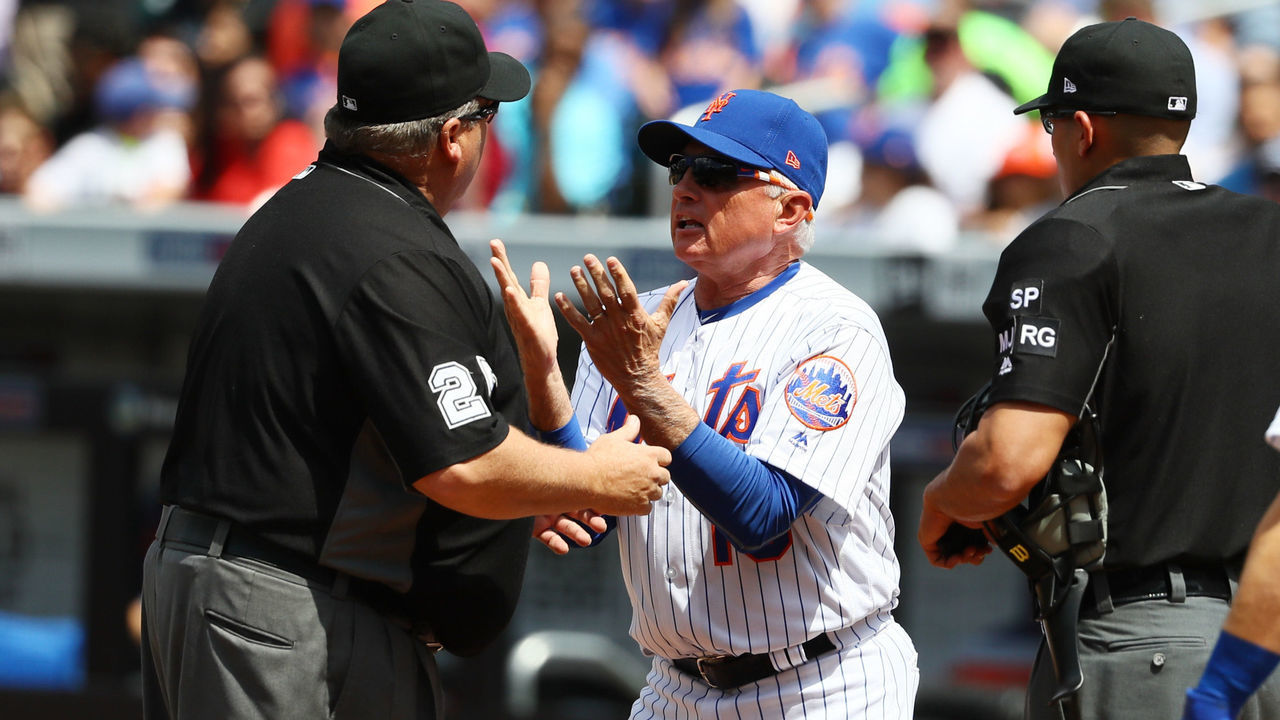 NEW YORK, NY - JUNE 01: Manager Terry Collins #10 of the New York Mets is thrown out of the game by third base umpire Fieldin Culbreth in the fourth inning during their game at Citi Field on June 1, 2017 in New York City. Collins argued a call that Wilmer Flores #4 was interfered by the batboy while chasing a foul ball.