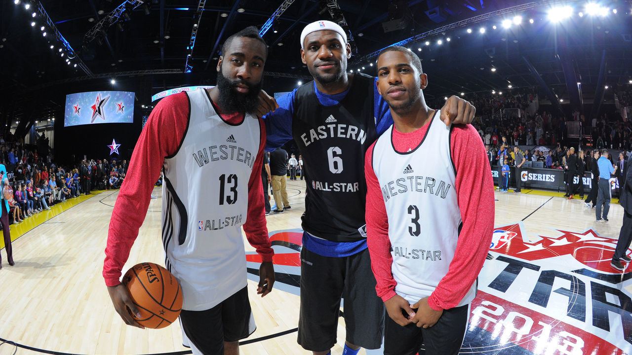 HOUSTON, TX - FEBRUARY 16: James Harden of the Houston Rockets, LeBron James #6 of the Miami Heat and Chris Paul #3 of the Los Angeles Clippers pose for a picture during the NBA All-Star Practice in Sprint Arena at Jam Session at Jam Session during NBA All Star Weekend on February 16, 2013 at the George R. Brown Convention Center in Houston, Texas. Mandatory Copyright Notice: Copyright 2013 NBAE.