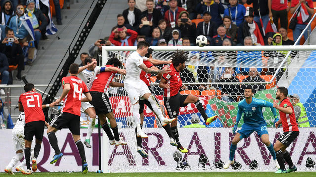 YEKATERINBURG, RUSSIA - JUNE 15: Jose Gimenez of Uruguay scores his team's first goal during the 2018 FIFA World Cup Russia group A match between Egypt and Uruguay at Ekaterinburg Arena on June 15, 2018 in Yekaterinburg, Russia.