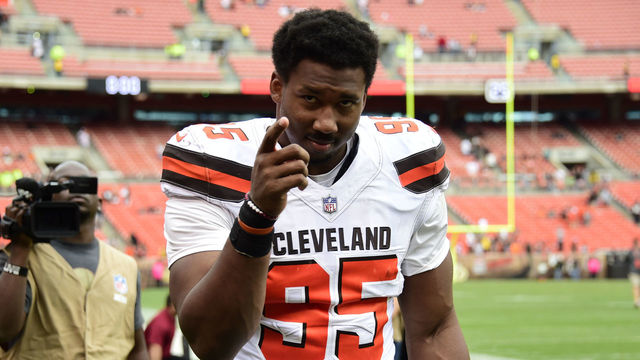CLEVELAND, OH - OCTOBER 08: Myles Garrett #95 of the Cleveland Browns walks off the field at the end of the game against the New York Jets at FirstEnergy Stadium on October 8, 2017 in Cleveland, Ohio.