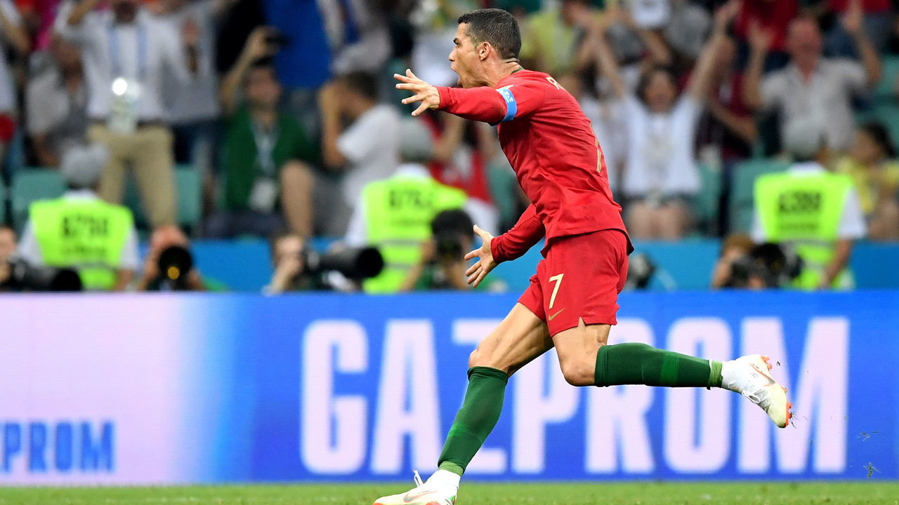 SOCHI, RUSSIA - JUNE 15: Cristiano Ronaldo of Portugal celebrates after scoring his team's third goal during the 2018 FIFA World Cup Russia group B match between Portugal and Spain at Fisht Stadium on June 15, 2018 in Sochi, Russia.