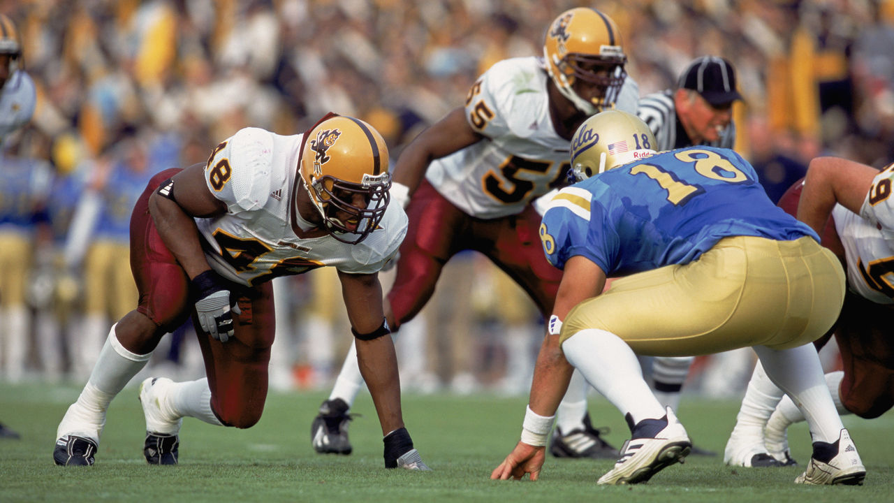 1 Dec 2001: Terrell Suggs #48 of the Arizona State Sun Devils lines up across from Mike Seidman #18 of the UCLA Bruins during the Pac-10 Conference football game at the Rose Bowl in Pasadena, California. The Bruins defeated the Sun Devils 52-42. Mandatory Credit: Jeff Gross /Getty Images