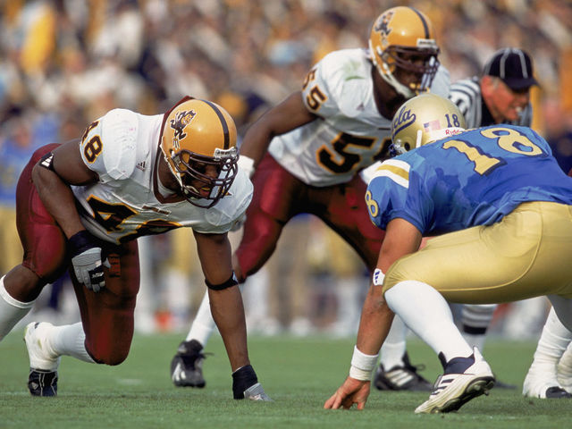 1 Dec 2001: Terrell Suggs #48 of the Arizona State Sun Devils lines up across from Mike Seidman #18 of the UCLA Bruins during the Pac-10 Conference football game at the Rose Bowl in Pasadena, California. The Bruins defeated the Sun Devils 52-42. Mandatory Credit: Jeff Gross /Getty Images