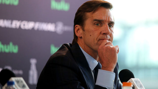 LAS VEGAS, NV - MAY 27: General manager George McPhee of the Vegas Golden Knights answers questions during Media Day for the 2018 NHL Stanley Cup Final at T-Mobile Arena on May 27, 2018 in Las Vegas, Nevada.