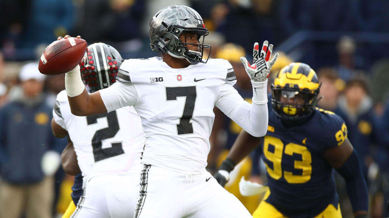 ANN ARBOR, MI - NOVEMBER 25: Dwayne Haskins #7 of the Ohio State Buckeyes looks to throw a pass in the second half against the Michigan Wolverines on November 25, 2017 at Michigan Stadium in Ann Arbor, Michigan.