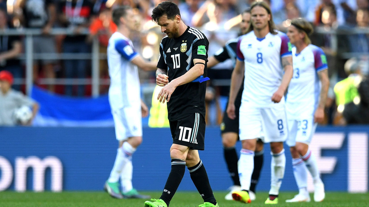 MOSCOW, RUSSIA - JUNE 16: Lionel Messi of Argentina reacts following the 2018 FIFA World Cup Russia group D match between Argentina and Iceland at Spartak Stadium on June 16, 2018 in Moscow, Russia.