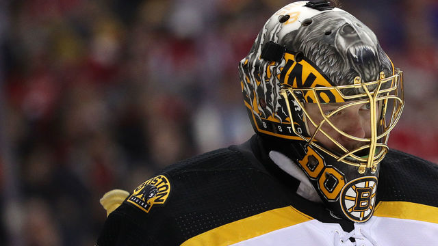 WASHINGTON, DC - DECEMBER 28: Goalie Anton Khudobin #35 of the Boston Bruins looks on against the Washington Capitals during the second period at Capital One Arena on December 28, 2017 in Washington, DC.