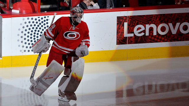 RALEIGH, NC - MARCH 09: Cam Ward #30 of the Carolina Hurricanes takes the ice during the game against the New York Rangers at PNC Arena on March 9, 2017 in Raleigh, North Carolina. The Hurricanes won 4-3.
