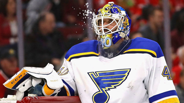CHICAGO, IL - APRIL 06: Carter Hutton #40 of the St. Louis Blues spits water during a break against the Chicago Blackhawks at the United Center on April 6, 2018 in Chicago, Illinois. The Blues defeated the Blackhawks 4-1.