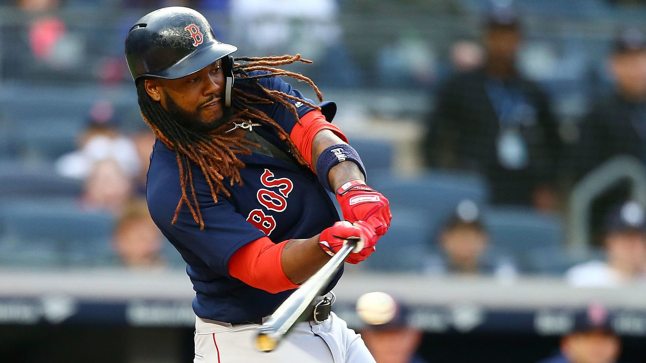 NEW YORK, NY - MAY 10: Hanley Ramirez #13 of the Boston Red Sox grounds out to short to score Mookie Betts #50 in the first inning against the New York Yankees at Yankee Stadium on May 10, 2018 in the Bronx borough of New York City.