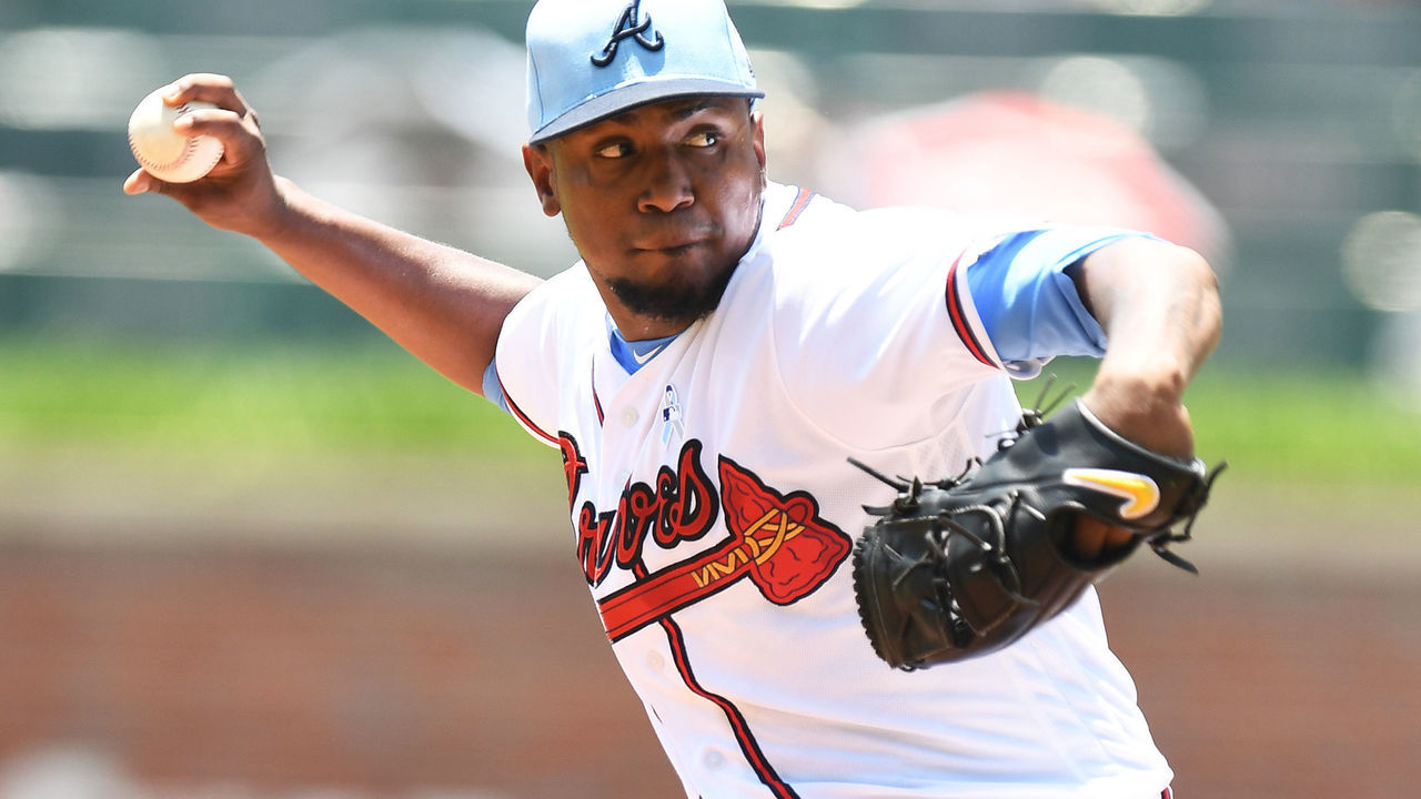 ATLANTA, GA. - JUNE 17: Julio Teheran #49 of the Atlanta Braves throws a first inning pitch against the San Diego Padres at SunTrust Field on June 17, 2018 in Atlanta, Georgia.