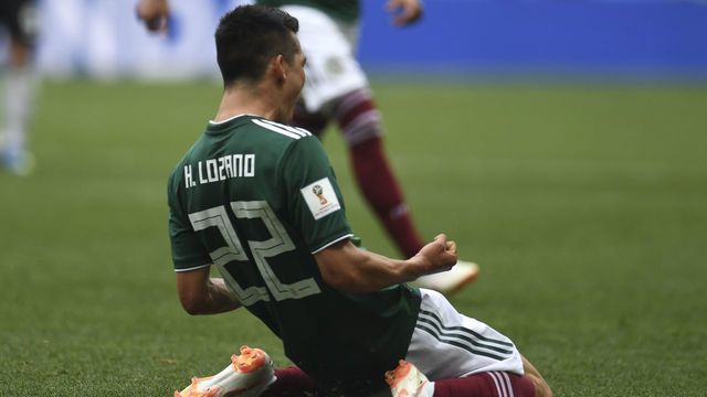 Mexico's forward Hirving Lozano celebrates after scoring a goal during the Russia 2018 World Cup Group F football match between Germany and Mexico at the Luzhniki Stadium in Moscow on June 17, 2018.