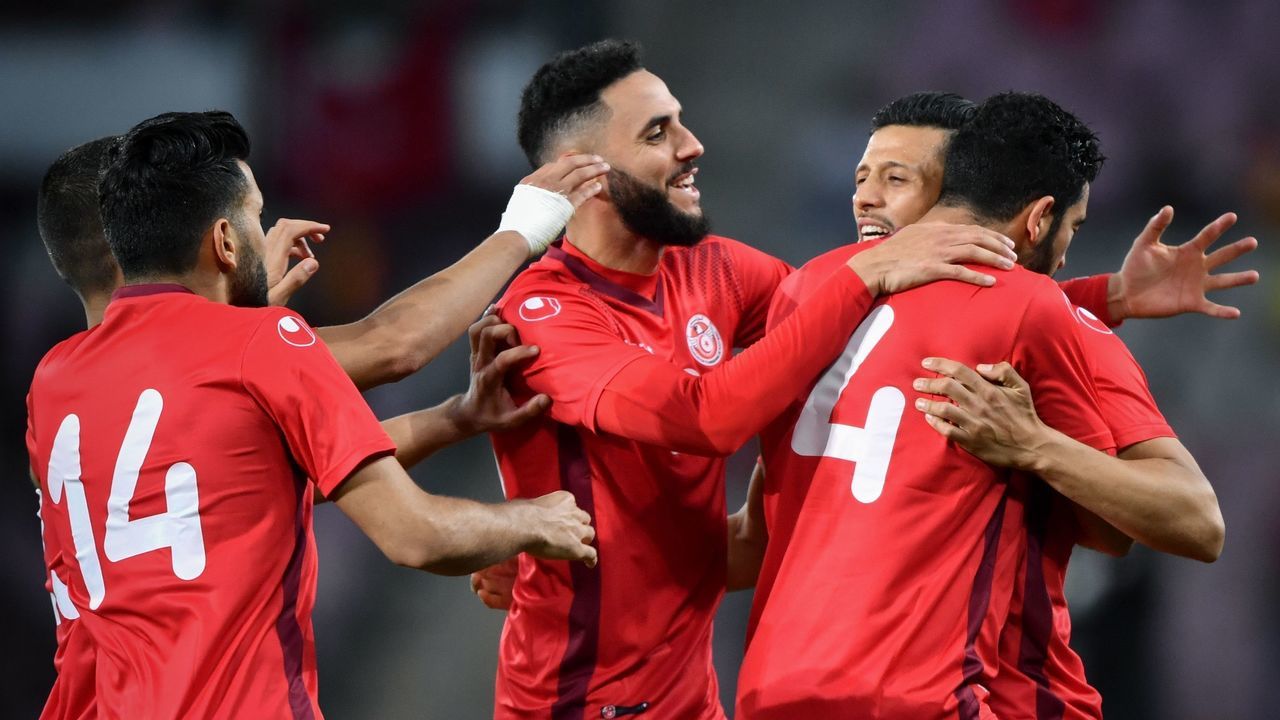 Tunisia's forward Anice Badri (2nd R) celebrates after scoring his team's second goal during the friendly football match between Tunisia and Turkey at the Stade de Geneve stadium in Geneva on June 1, 2018.