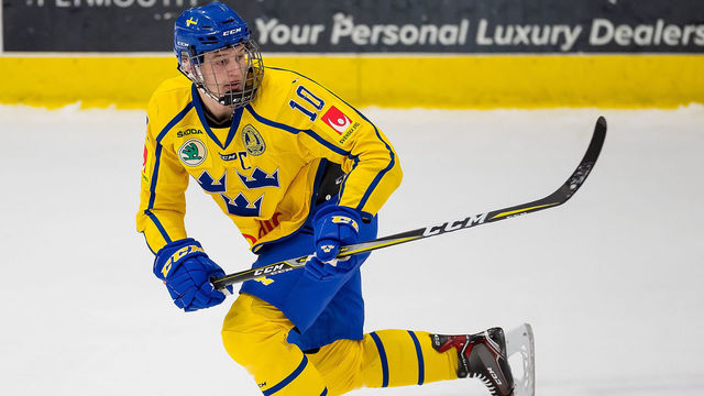 PLYMOUTH, MI - FEBRUARY 15: Adam Ginning #10 of the Sweden Nationals follows the play against the Finland Nationals during the 2018 Under-18 Five Nations Tournament game at USA Hockey Arena on February 15, 2018 in Plymouth, Michigan. Finland defeated Sweden 5-3. *** Local Caption *** Adam Ginning