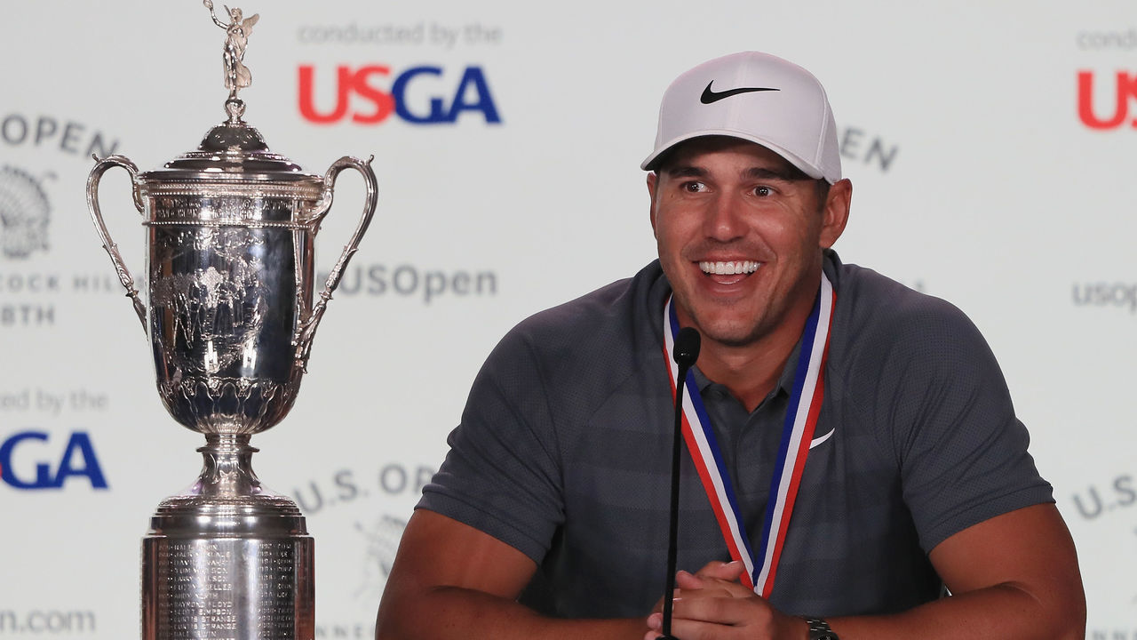 SOUTHAMPTON, NY - JUNE 17: Brooks Koepka of the United States speaks to the media after winning the 2018 U.S. Open at Shinnecock Hills Golf Club on June 17, 2018 in Southampton, New York.