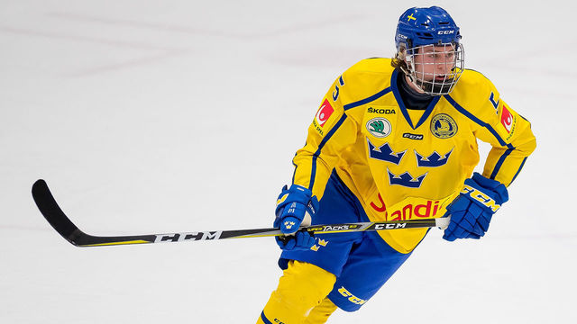 PLYMOUTH, MI - FEBRUARY 15: Filip Johansson #5 of the Sweden Nationals follows the play against the Finland Nationals during the 2018 Under-18 Five Nations Tournament game at USA Hockey Arena on February 15, 2018 in Plymouth, Michigan. Finland defeated Sweden 5-3. *** Local Caption *** Filip Johansson