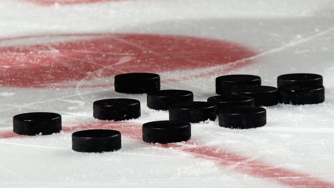 NEWARK, NJ - MARCH 17: Pucks sit on the ice during warmups prior to the game betrween the New Jersey Devils and the Pittsburgh Penguins at the Prudential Center on March 17, 2015 in Newark, New Jersey.