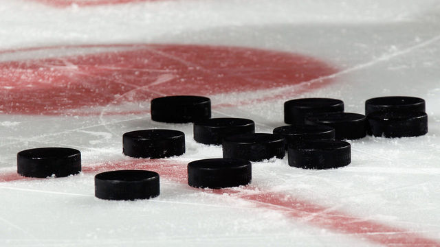 NEWARK, NJ - MARCH 17: Pucks sit on the ice during warmups prior to the game betrween the New Jersey Devils and the Pittsburgh Penguins at the Prudential Center on March 17, 2015 in Newark, New Jersey.