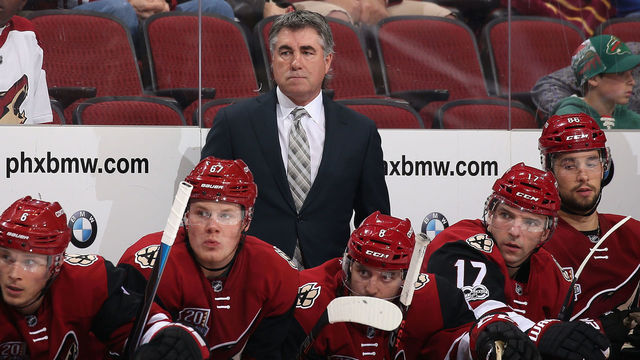 GLENDALE, AZ - APRIL 08: Head coach Dave Tippett of the Arizona Coyotes watches from the bench during the third period of the NHL game against the Minnesota Wild at Gila River Arena on April 8, 2017 in Glendale, Arizona. The Wild defeated the Coyotes 3-1.