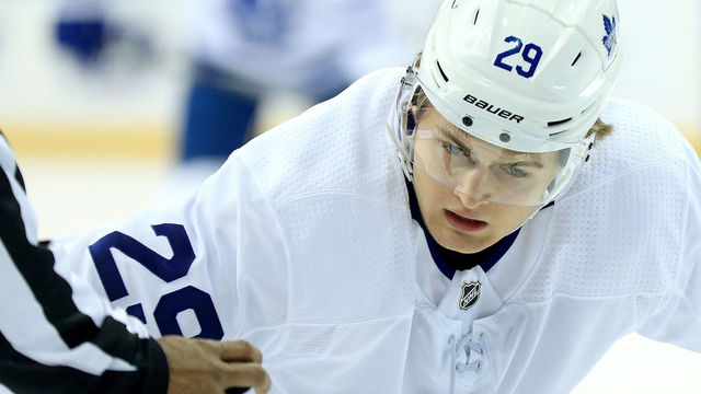TAMPA, FL - MARCH 20: William Nylander #29 of the Toronto Maple Leafs faces off during a game against the Tampa Bay Lightning at Amalie Arena on March 20, 2018 in Tampa, Florida.