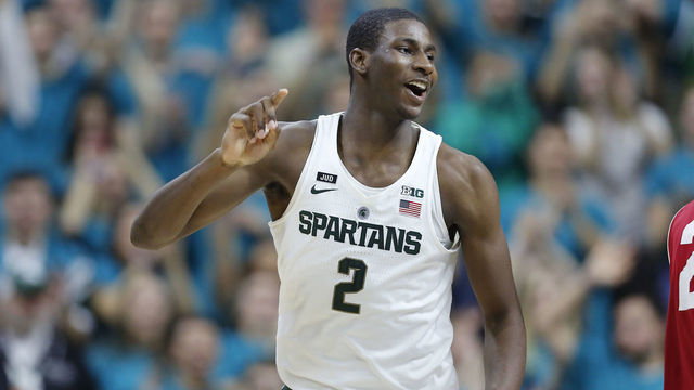 EAST LANSING, MI - JANUARY 26: Jaren Jackson Jr. #2 of the Michigan State Spartans celebrates his made basket in the second half against the Wisconsin Badgers at Breslin Center on January 26, 2018 in East Lansing, Michigan.