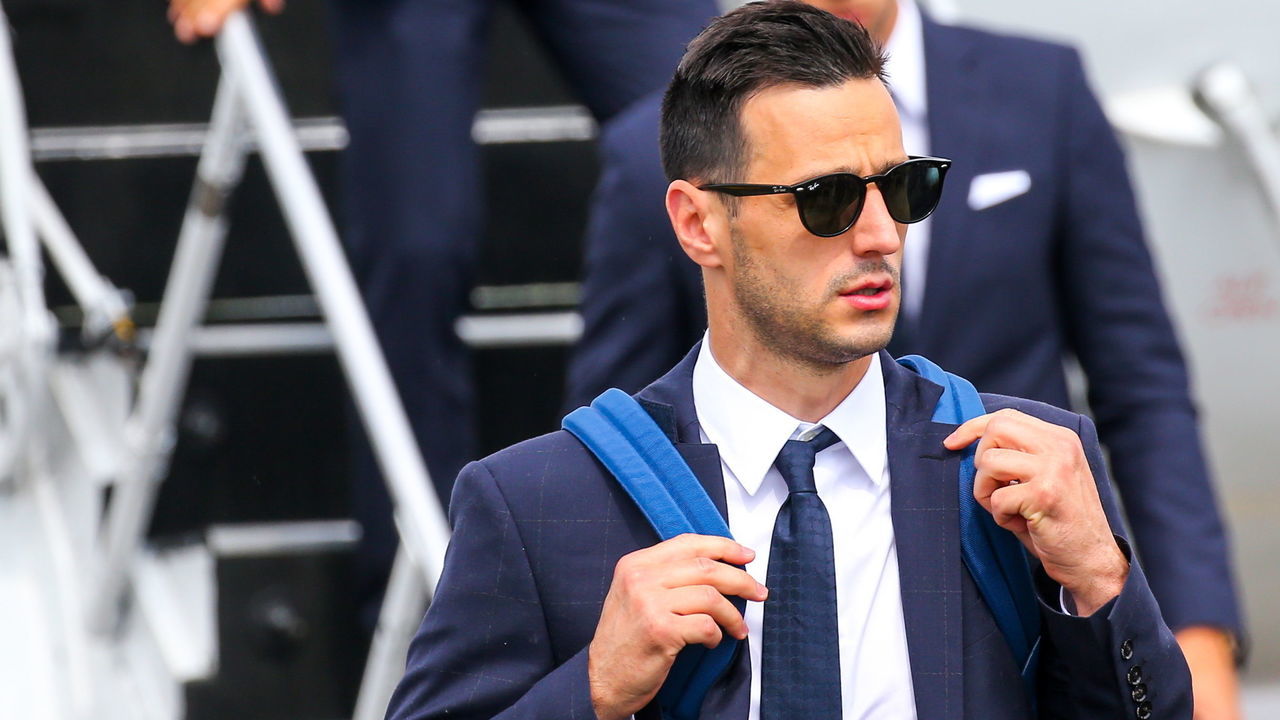 ST PETERSBURG, RUSSIA - JUNE 11, 2018: Nikola Kalinic of the Croatian men's national football team seen during a welcome ceremony at St Petersburg's Pulkovo International Airport as the team arrives for the 2018 FIFA World Cup. Peter Kovalev/TASS