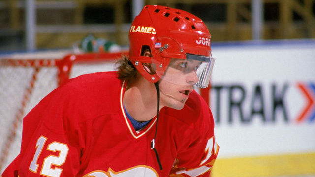 INGLEWOOD, CA - 1988: Hakan Loob #12 of the Calgary Flames skates during warm-ups prior to a game against the Los Angeles Kings in the 1988 NHL season at the Great Western Forum in Inglewood, California.