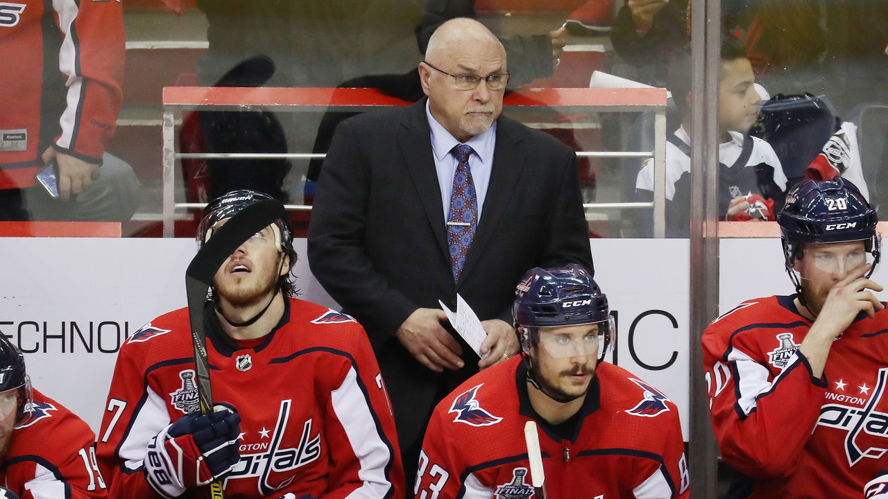 WASHINGTON, DC - JUNE 02: Head coach Barry Trotz of the Washington Capitals looks on in Game Three of the 2018 NHL Stanley Cup Final against the Vegas Golden Knights at Capital One Arena on June 2, 2018 in Washington, DC.