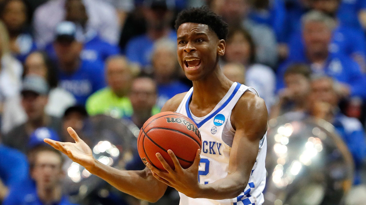 ATLANTA, GA - MARCH 22: Shai Gilgeous-Alexander #22 of the Kentucky Wildcats reacts to a call in the second half against the Kansas State Wildcats during the 2018 NCAA Men's Basketball Tournament South Regional at Philips Arena on March 22, 2018 in Atlanta, Georgia.