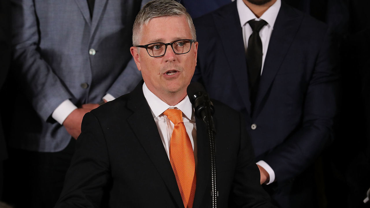 WASHINGTON, DC - MARCH 12: Houston Astros General Manager Jeff Luhnow delivers remarks while celebrating the team's World Series victory in the East Room of the White House March 12, 2018 in Washington, DC. President Donald Trump talked about Hurricane Harvey and the city and the team's resilience in the face of the storm.
