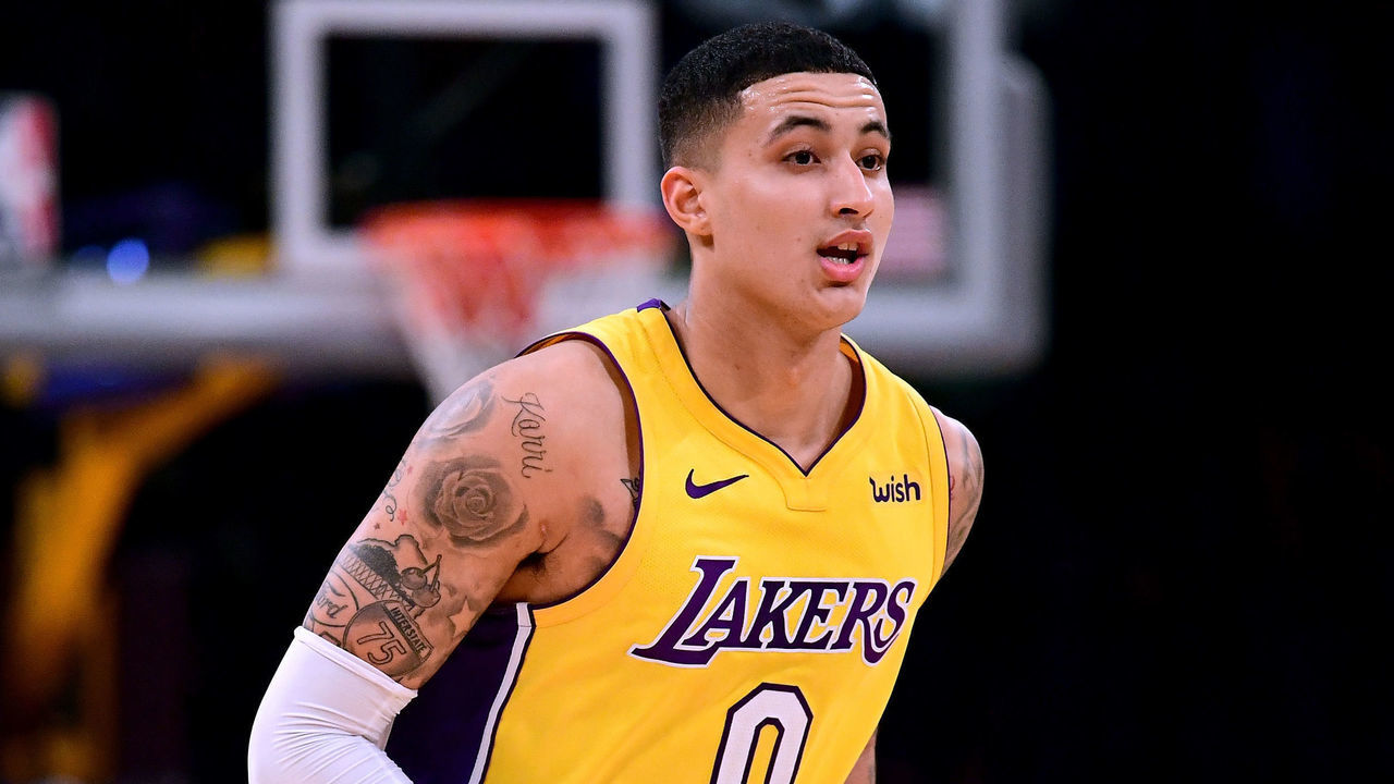 LOS ANGELES, CA - JANUARY 23: Kyle Kuzma #0 of the Los Angeles Lakers reacts after his third three pointer during a 108-107 win over the Boston Celtics at Staples Center on January 23, 2018 in Los Angeles, California.