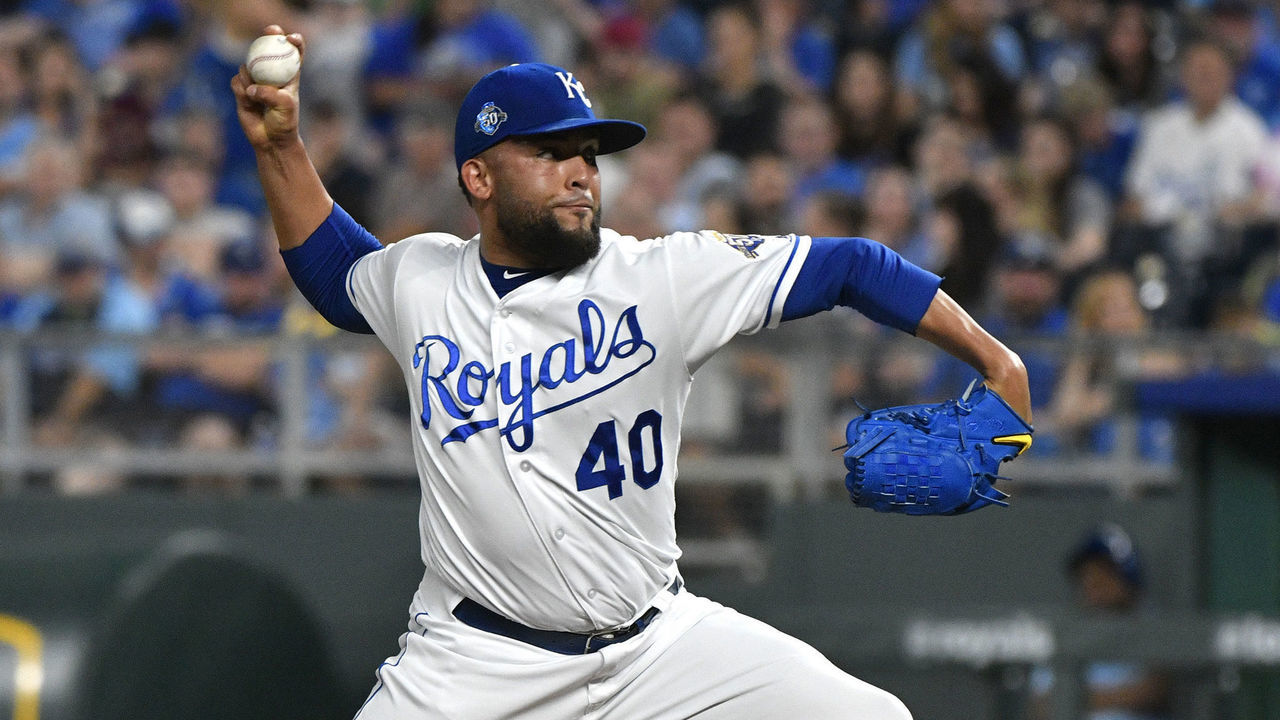 KANSAS CITY, MO - MAY 15: Kelvin Herrera #40 of the Kansas City Royals pitches in the ninth inning against the Tampa Bay Rays at Kauffman Stadium on May 15, 2018 in Kansas City, Missouri.