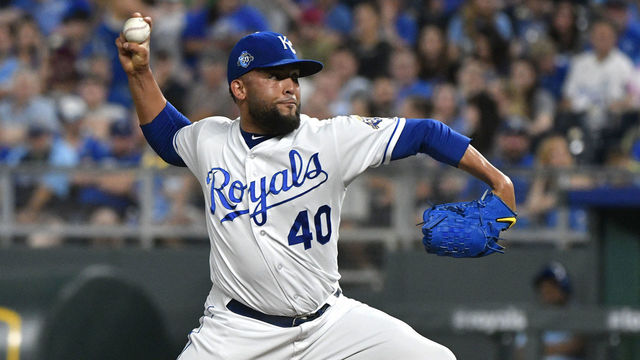 KANSAS CITY, MO - MAY 15: Kelvin Herrera #40 of the Kansas City Royals pitches in the ninth inning against the Tampa Bay Rays at Kauffman Stadium on May 15, 2018 in Kansas City, Missouri.