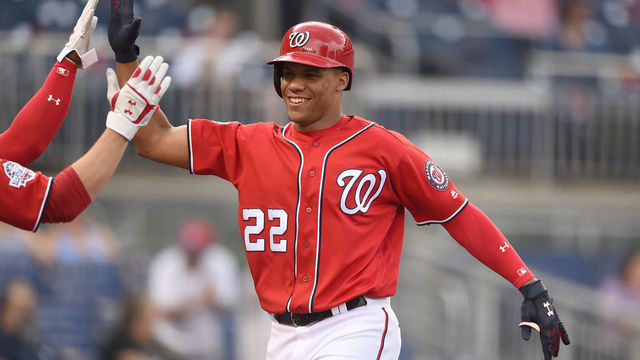 WASHINGTON, DC - JUNE 18: Juan Soto #22 of the Washington Nationals celebrates hitting a two run home run in the sixth inning during game one of a doubleheader against the New Yankees at Nationals Park on June 18, 2018 in Washington, DC. Game one is the completion of a game that was suspended on May 15th due to rain.