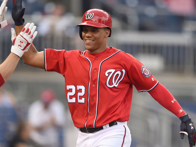 WASHINGTON, DC - JUNE 18: Juan Soto #22 of the Washington Nationals celebrates hitting a two run home run in the sixth inning during game one of a doubleheader against the New Yankees at Nationals Park on June 18, 2018 in Washington, DC. Game one is the completion of a game that was suspended on May 15th due to rain.