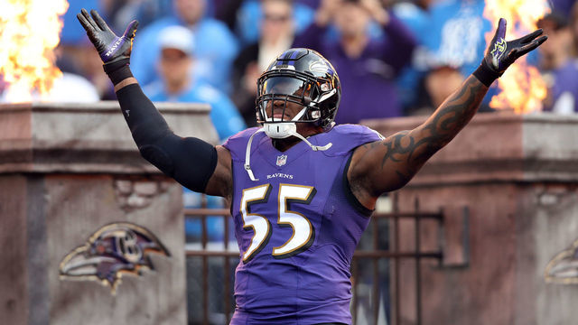 BALTIMORE, MD - DECEMBER 3: Outside Linebacker Terrell Suggs #55 of the Baltimore Ravens takes the field for the game against the Detroit Lions at M&T Bank Stadium on December 3, 2017 in Baltimore, Maryland.