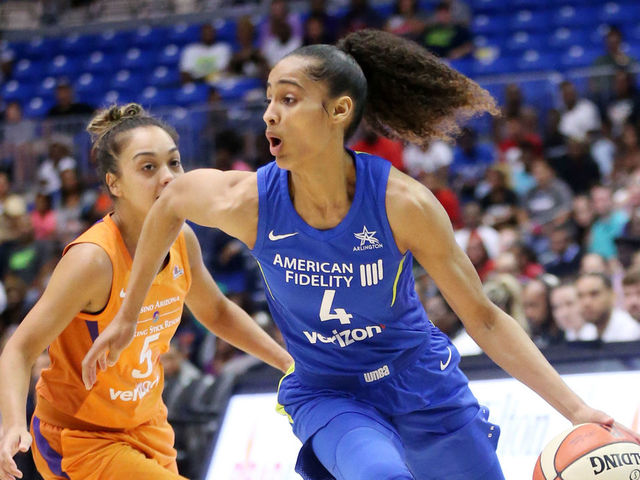 ARLINGTON, TX - JUNE 12: Skylar Diggins-Smith #4 of the Dallas Wings handles the ball against the Phoenix Mercury on June 12, 2018 at the College Park Center in Arlington, Texas. Mandatory Copyright Notice: Copyright 2018 NBAE