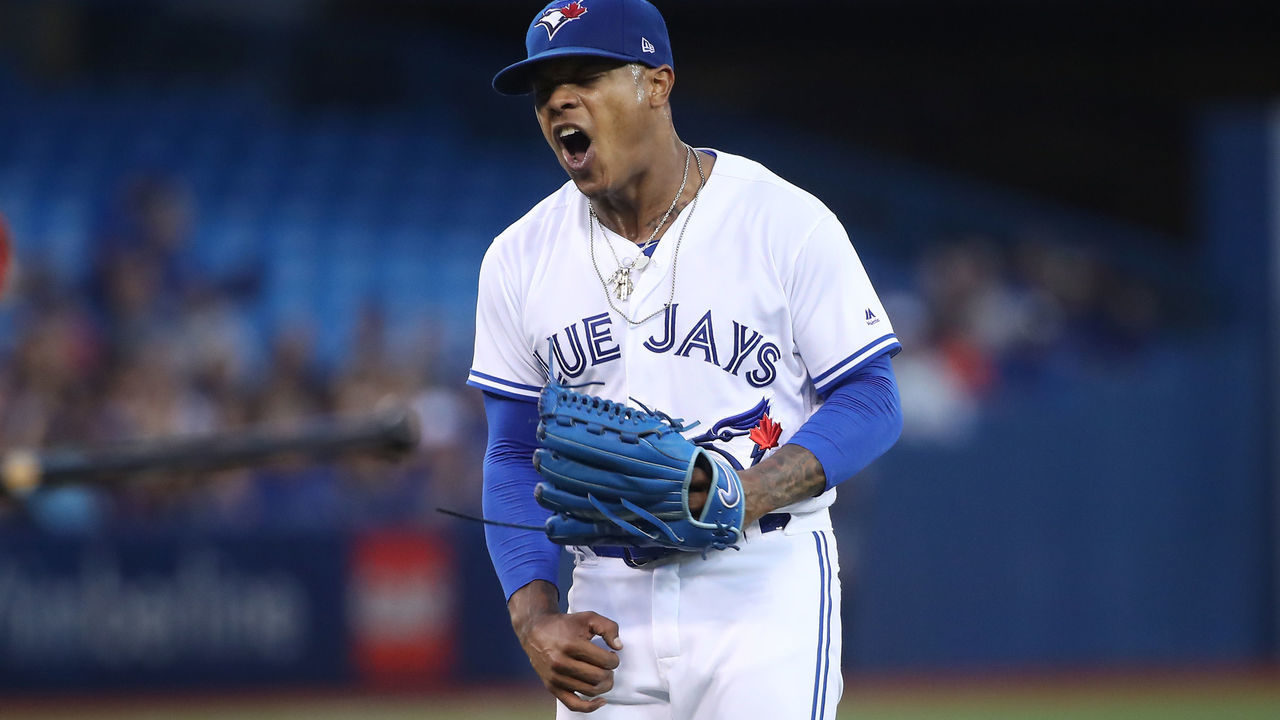 TORONTO, ON - AUGUST 28: Marcus Stroman #6 of the Toronto Blue Jays reacts after a throwing error by Raffy Lopez #1 allowed an unearned run in the second inning during MLB game action against the Boston Red Sox at Rogers Centre on August 28, 2017 in Toronto, Canada.