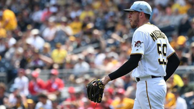 PITTSBURGH, PA - JUNE 17: Joe Musgrove #59 of the Pittsburgh Pirates reacts after giving up a two run RBI double to Joey Votto #19 of the Cincinnati Reds in the fifth inning during the game at PNC Park on June 17, 2018 in Pittsburgh, Pennsylvania.